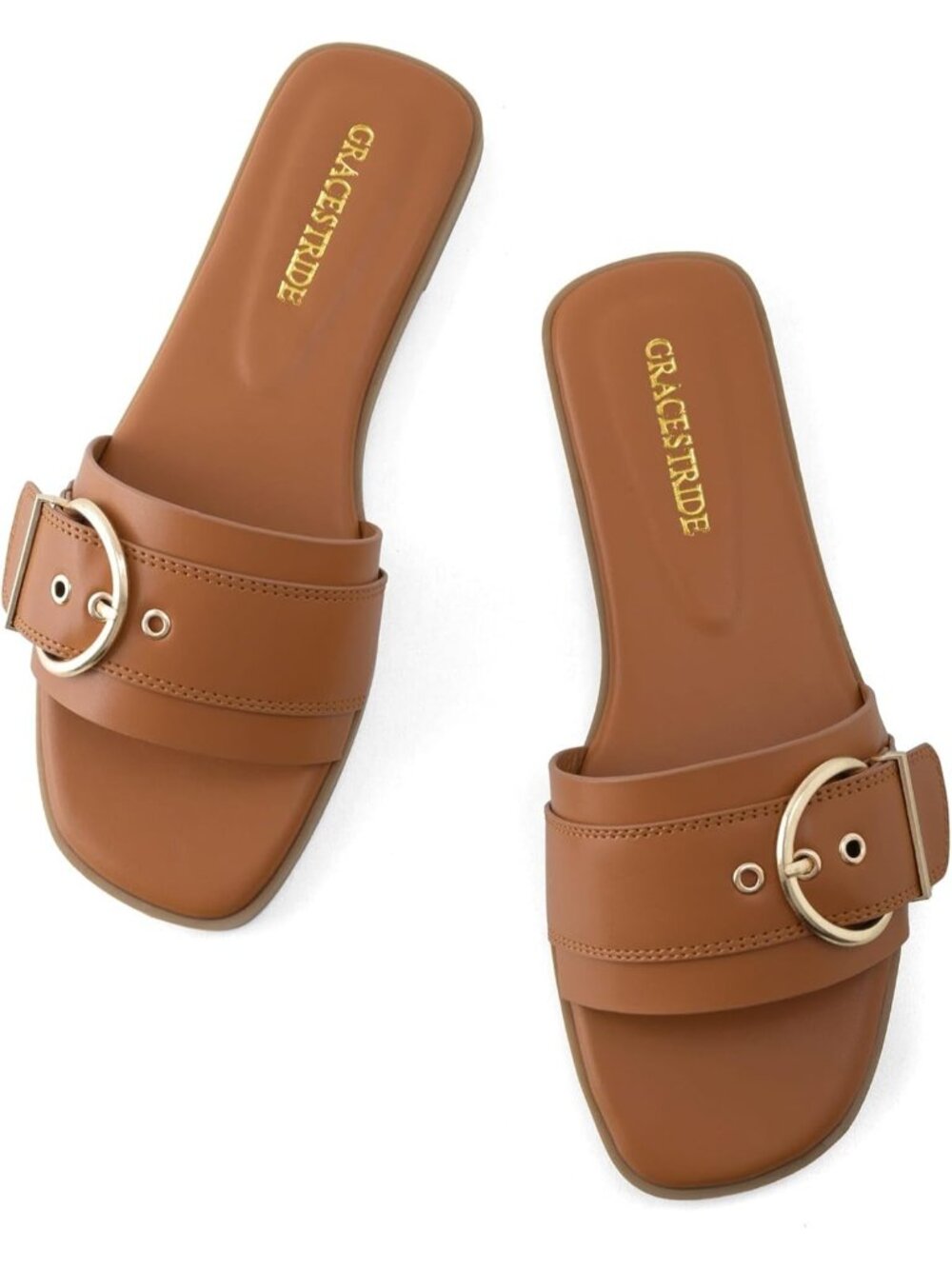 Women's Brown Summer Fashion Square Open Toe Slip On Slides Soft Flats Sandals - Picture 6 of 6